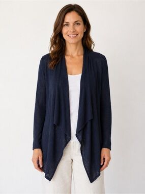 Verve Ami 100% Linen Open Front Cardigan Navy Blue Lightweight Layering Size L